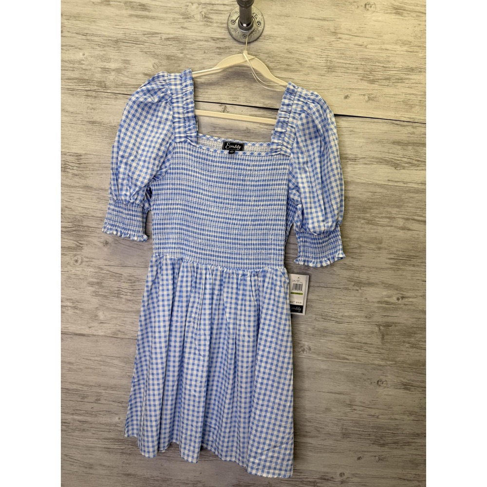 Everlily Dress Womens L Blue Gingham Fit & Flare Sundress Smocked Ruffle